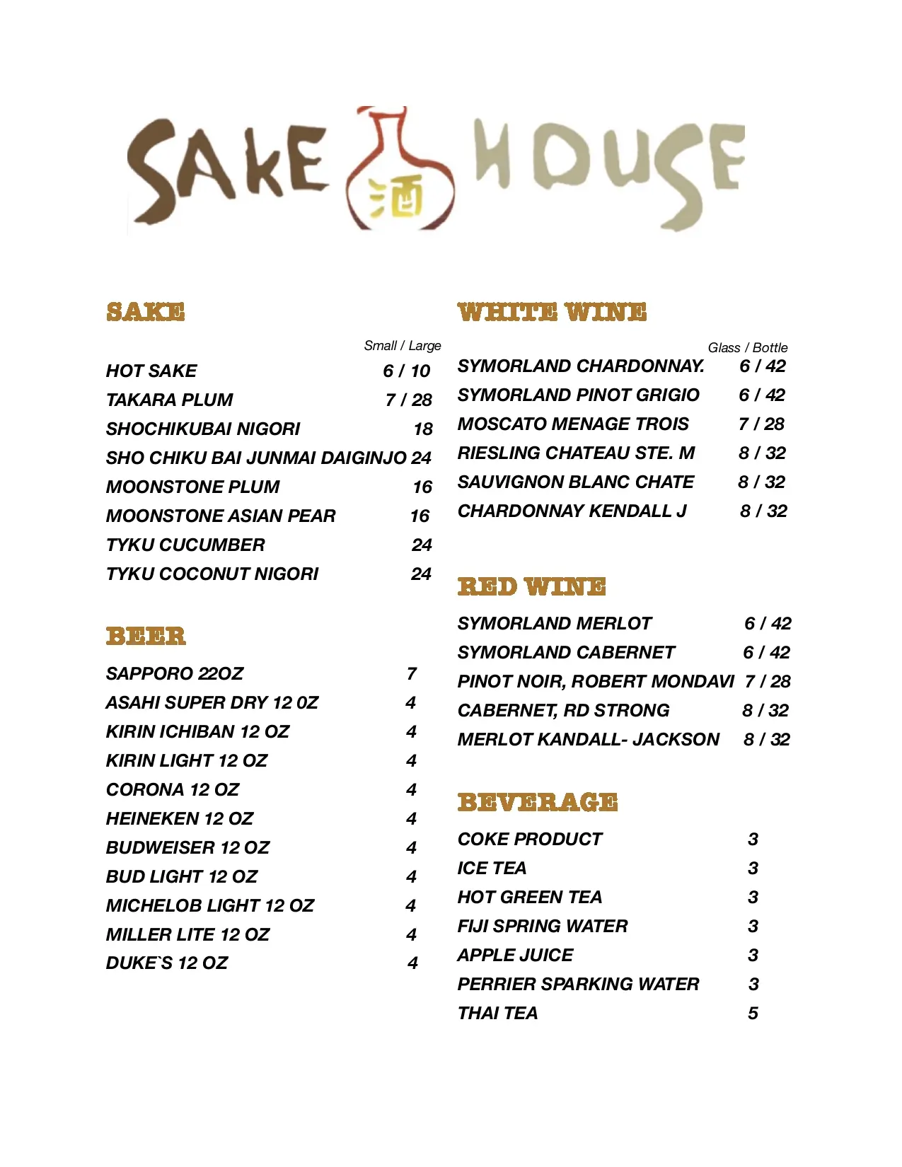 Sake menu on sale